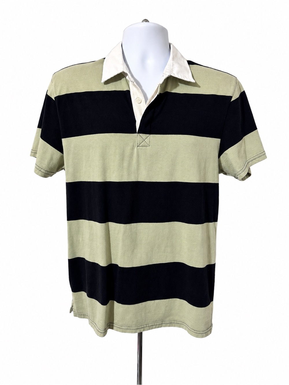 Forever 21 Rugby Polo Shirt Mens Small short sleeve Sage Black Striped Preppy